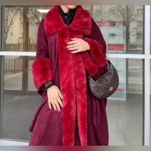 Elegant Burgundy/Red Faux Fur Trimmed Coat(free size)